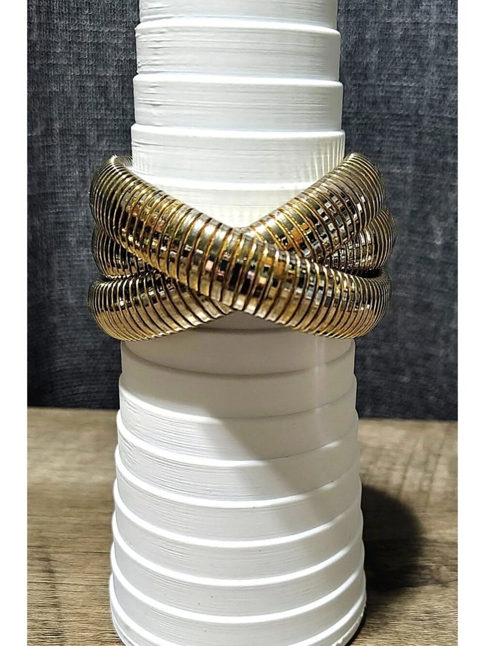 Gold Tone Triple Entwined Coil Tubogas Rolling Bracelet Ribbed Cobra Crossover